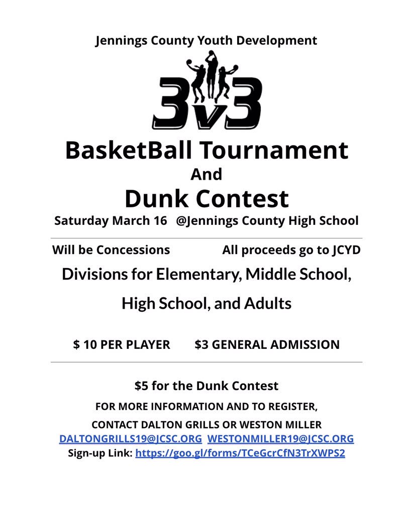 miller3553's tweet photo. Don’t forget to sign up for the JCYD 3v3 basketball tournament THIS SATURDAY @ Jennings County High School! All are welcome to play! Sign up through the link: https://t.co/bvMrI7QPei https://t.co/P5LHTyfBOY