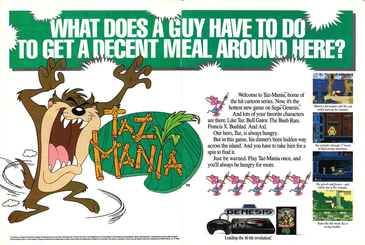 RetroAdsZone's tweet photo. Taz-Mania (Sega Genesis, 1992) USA Magazine Ad

Play Taz-Mania once and you’ll always be hungry for more. https://t.co/54S5ImtC12