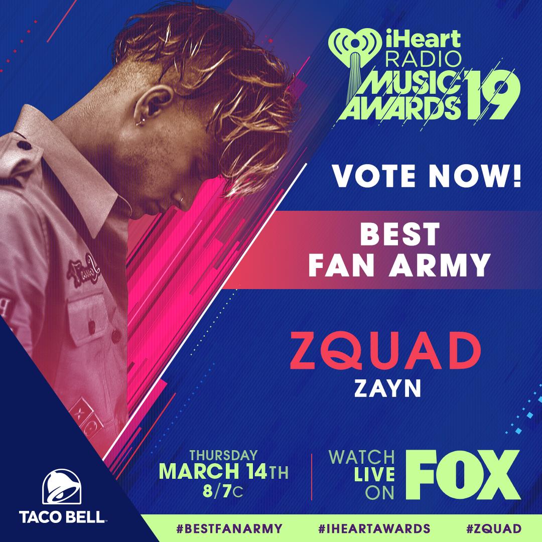 iHeartRadio's tweet photo. ⚡️ @zaynmalik ⚡️

#Zquad #BestFanArmy #iHeartAwards @tacobell

Voting ends this Wednesday, March 13th, at 11:59pm PT! Keep those votes coming! https://t.co/1NZTI5OZ9W