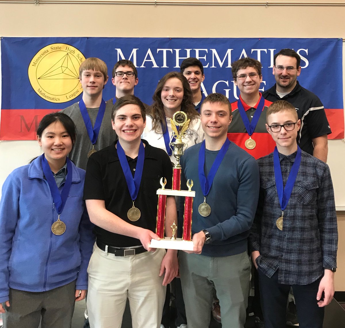 MNHSMathLeague's tweet photo. MN Valley Lutheran High School comes out on top in Class A at the MN State Math Tournament #MNmathweek https://t.co/ejCbQhA6AK