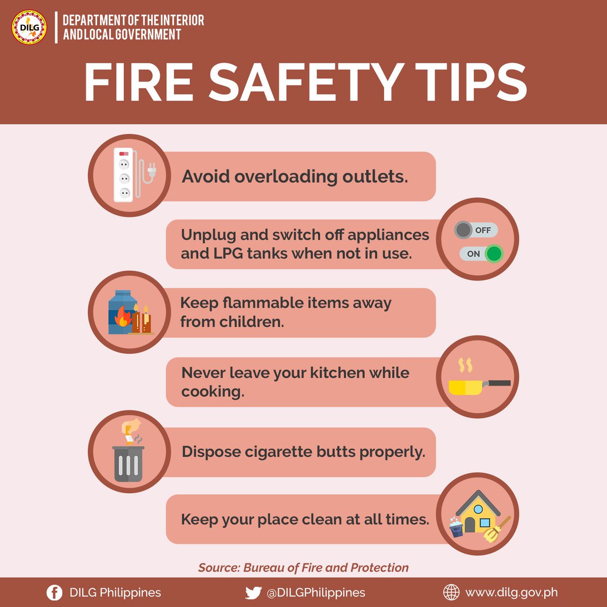 DILGPhilippines's tweet photo. Make sure your house is always safe from all kinds of destructive fires. Take note of these safety measures from the Bureau of Fire Protection 🔥🚒

Let's #ThinkFireSafetyNOW! https://t.co/9pYm8syW36