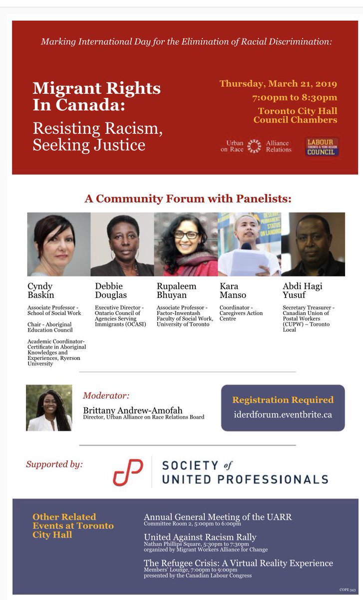 AinsworthSpence's tweet photo. Urban Alliance on Race Relations and Toronto and York Region Labour Council jointly invite you to join us at our Community Forum at Toronto City Hall to mark International Day for Elimination of Racial Discrimination (March 21st). https://t.co/n1oxq74r1i