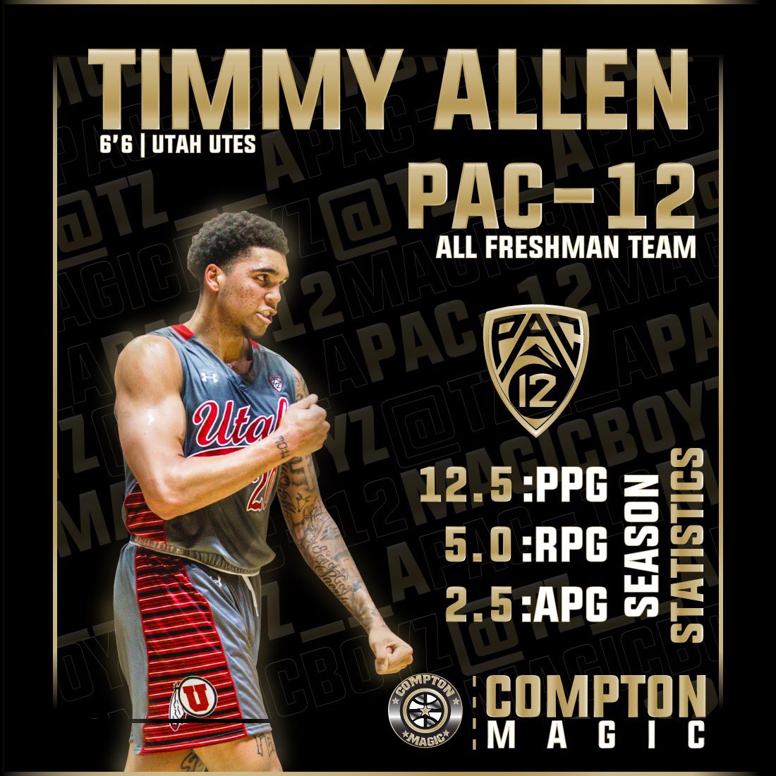 Compton_Magic's tweet photo. Timmy Allen @UtahMBB has been named to the PAC 12 All Freshman Team @timmybuckets35 ✔️ https://t.co/y45QPQS7ja