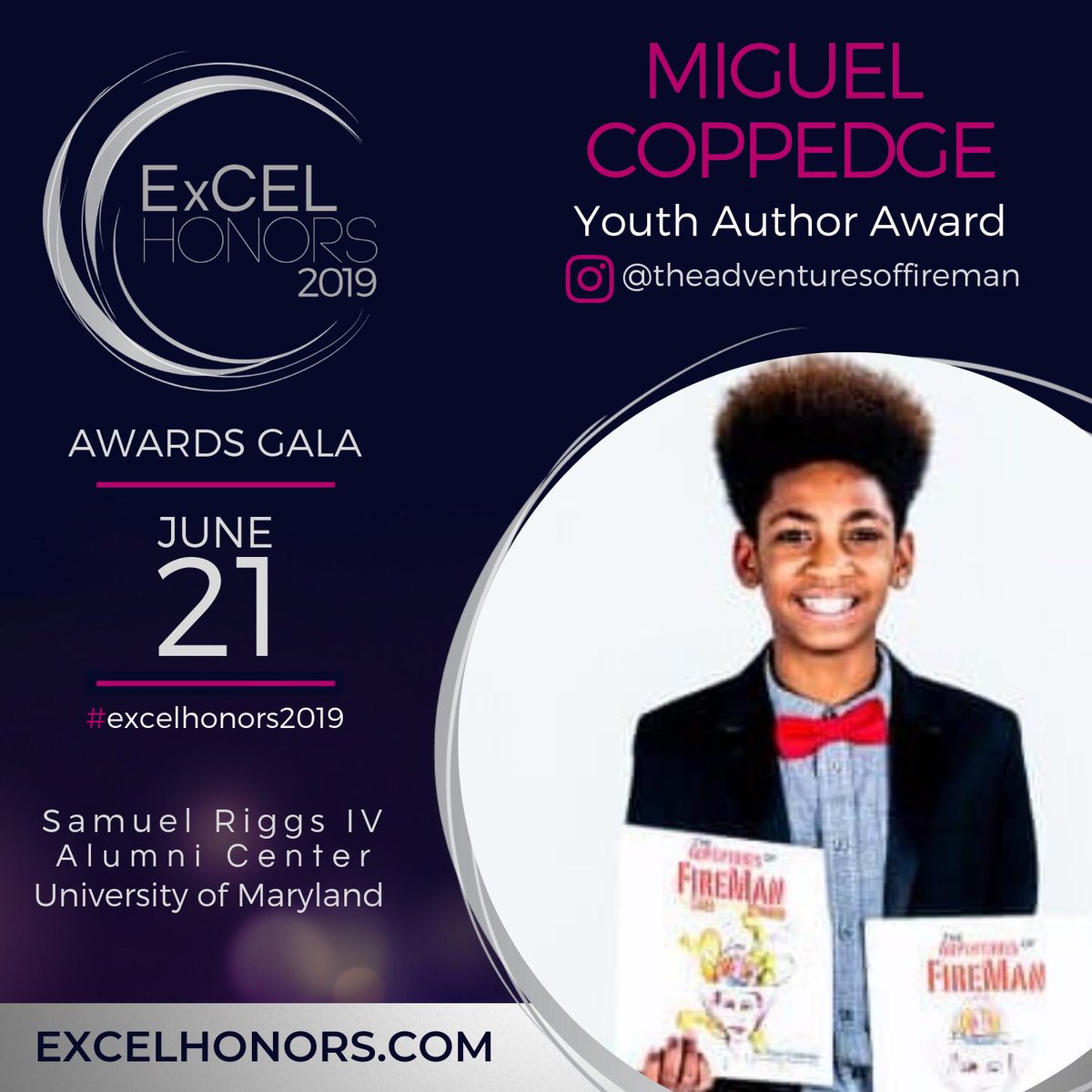 ExCELYthMentor's tweet photo. ExCEL HONOREE ANNOUNCEMENT: Meet our ExCEL Youth Author Honoree - Miguel Coppedge @miguelcoppedge
https://t.co/3KZZMWNbzb
#ExCELHonors2019 #excelbeyond https://t.co/Z4XDMTu8ai