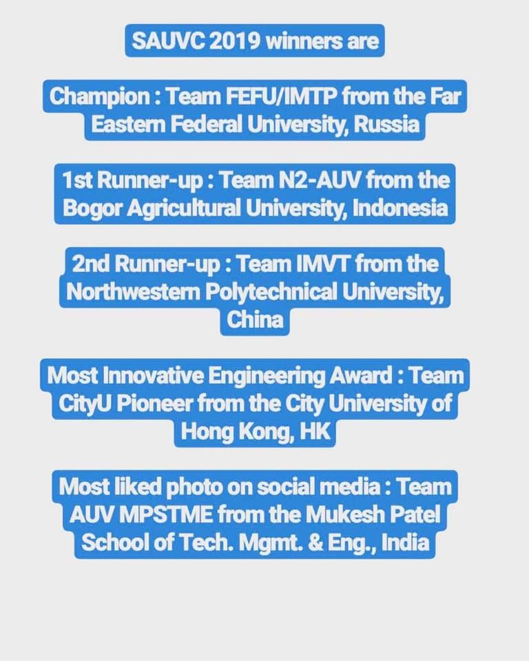 IEEE_OES's tweet photo. The winners of the #SAUVC2019 robotics challenge have been announced ! All teams put on a great show, and the true win ofcourse was the learning experience that everyone had at the competition. https://t.co/RHnBp5WrkY