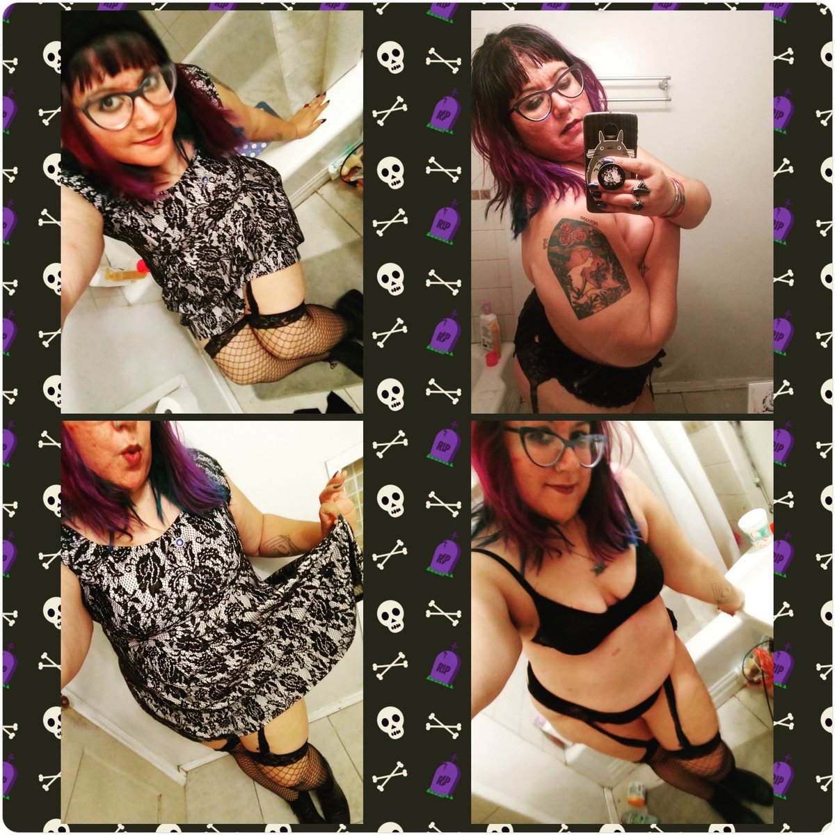 Comfortable in my skin, whether showing some, none, or all of it! #bodypositive #bodypositivity #tattoos #curvygirl #stockings #fishnets #prettydress #girlswithtattoos #girlswearingglasses #goth #gothicc #thicc #hotmom