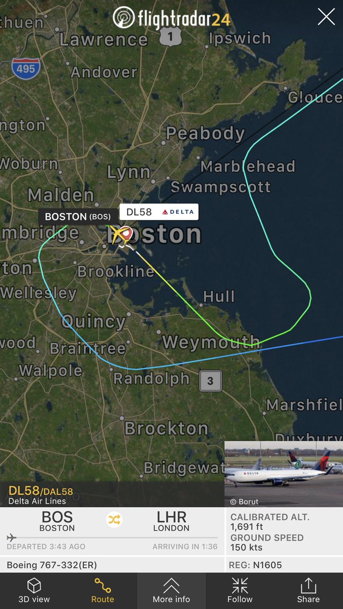 TomPodolec's tweet photo. ↩️ DIVERSION
Delta #DL58 to London returned to Boston with an aircraft issue. No emergency. No emergency declared. Aircraft swap planned with a departure later this morning.
https://t.co/RSJ4P4Oswx https://t.co/kGgX3pnLyj