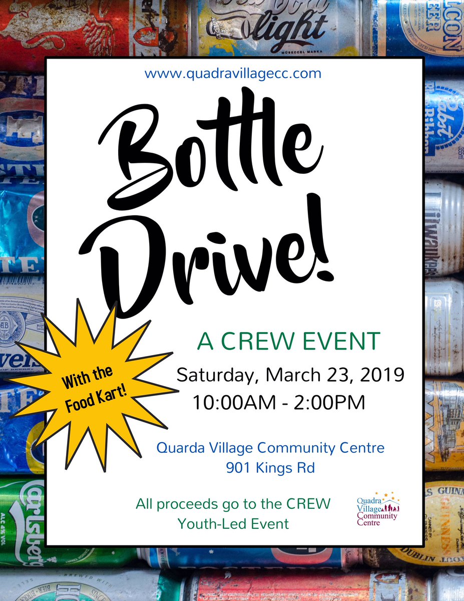 VicYouthCouncil's tweet photo. Having a St Patty's Day Party? Well please save your empties and bring them down to Quadra Village Community Centre (901 Kings Rd) on Saturday March 23rd from 10-2pm and support the CREW Pre-Employment and Lifeskills Program #yyj #qvccyouth #heartofthevillage #qvcc #fundraiser https://t.co/koiu3MFHT0