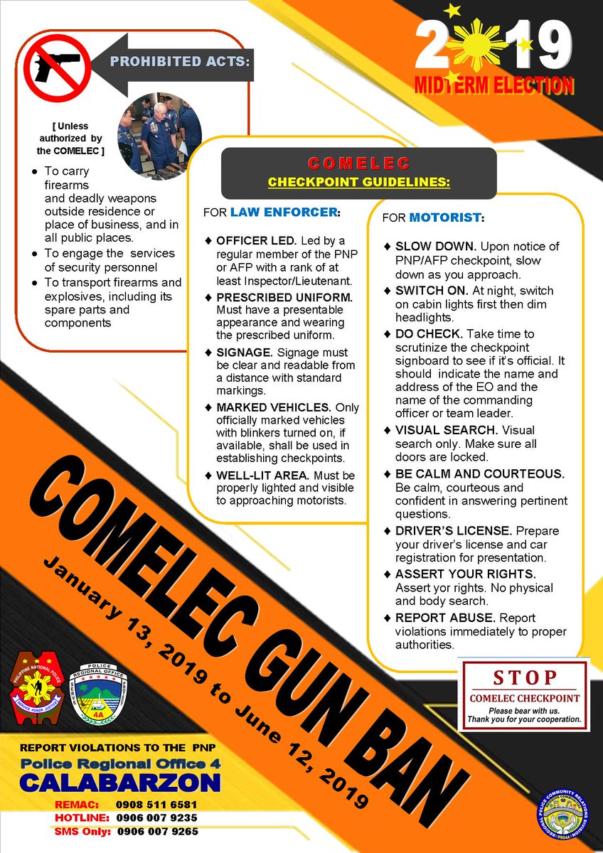 facebook.com/RPCRD4A/photos…
ang makita o mapansin na paglabag sa darating na Halalan 2019, ay maaaring ipagbigay alam sa ating kapulisan sa mga numero ito: 
REMAC- 0908 511-6581; HOTLINE- 0906 007 9235; SMS Only- 0906 007 9265
o sa pinaka malapit na istasyon ng Pulis sa inyong lugar.