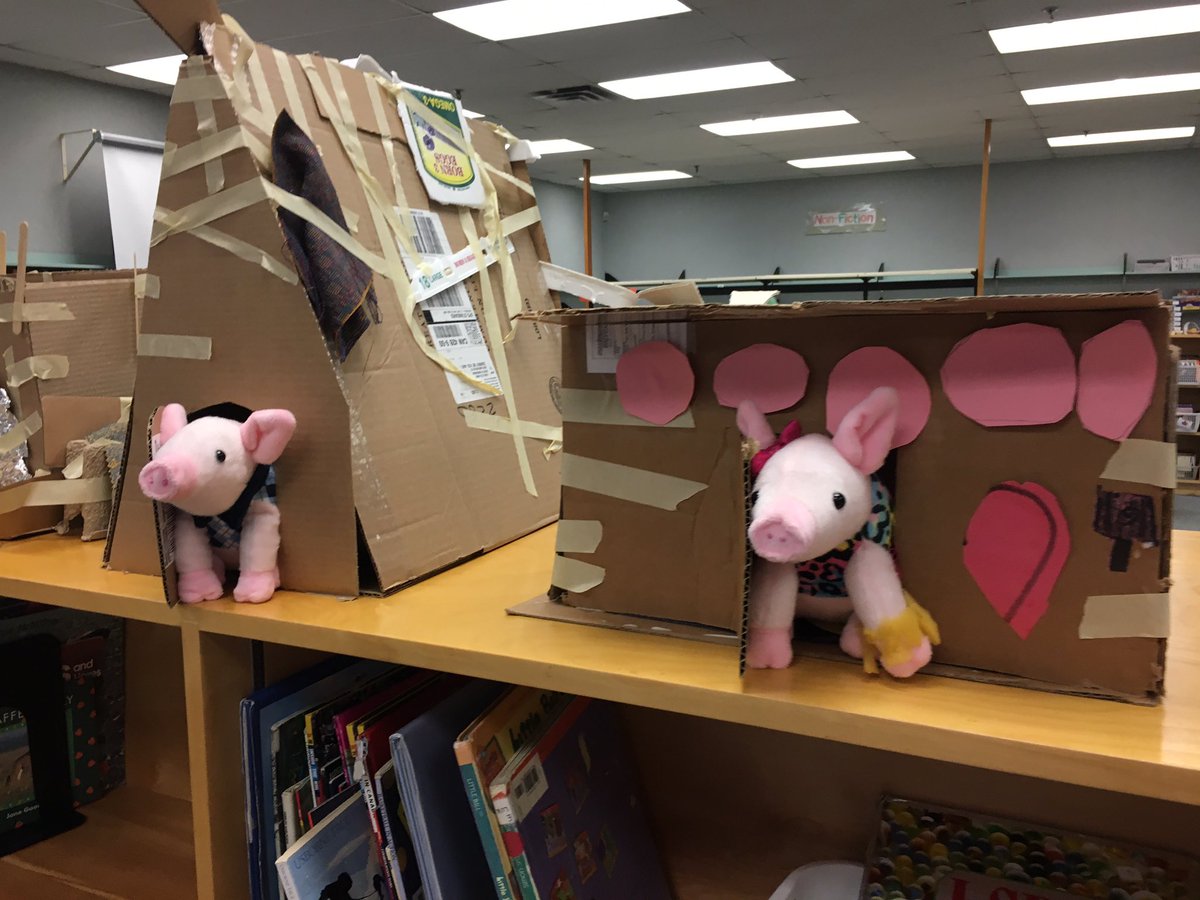 judith_hardman's tweet photo. @pdeconti Piggie houses are complete! They survived a move to the library but I’m not sure they would survive the big bad Wolf! Luckily, our library is pretty safe! Thanks again for the cardboard! #ADSTJoy #ScienceJoy https://t.co/MRiiqwceYn