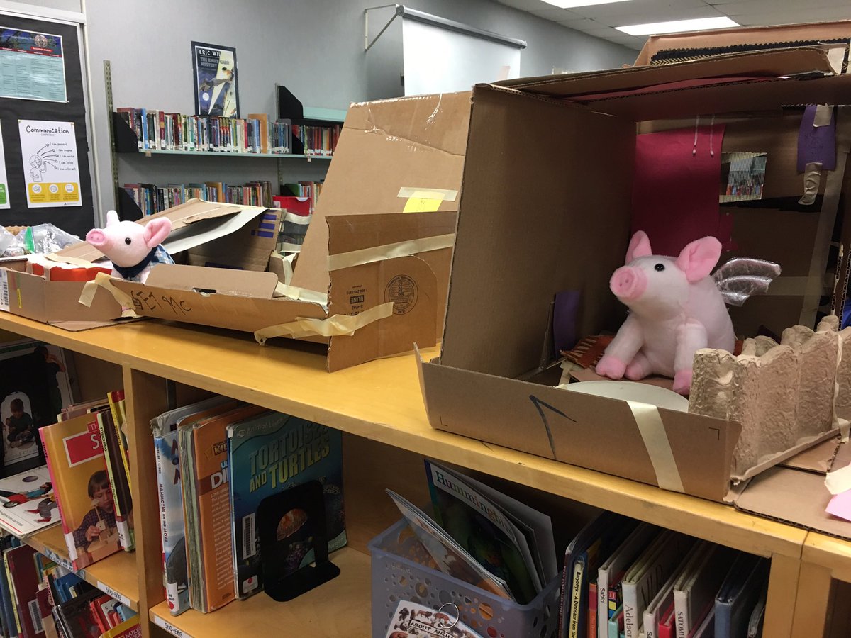 judith_hardman's tweet photo. @pdeconti Piggie houses are complete! They survived a move to the library but I’m not sure they would survive the big bad Wolf! Luckily, our library is pretty safe! Thanks again for the cardboard! #ADSTJoy #ScienceJoy https://t.co/MRiiqwceYn