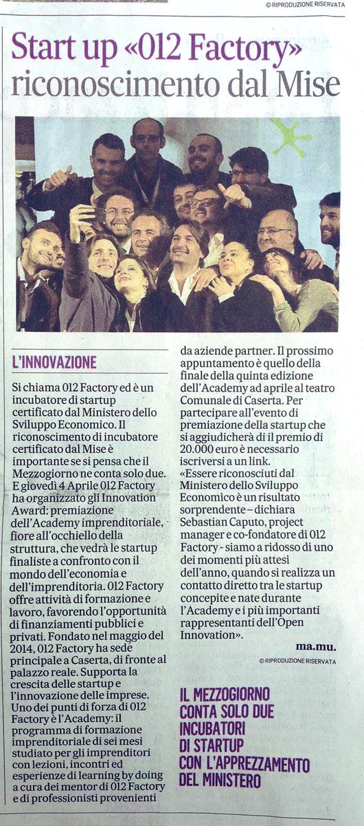 012factory's tweet photo. 012 Factory su Il Mattino
012 Factory è incubatore certificato dal Ministero dello Sviluppo Economico, il Mezzogiorno ne conta due. Supportiamo la crescita delle #startup e l'innovazione delle PMI.
Scopri di più su https://t.co/TlYnjg3Az6
#012factory #incubatore #mise https://t.co/OpmEGytyZh