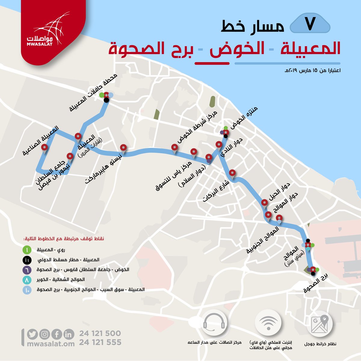 Mwasalat مواصلات Ar Twitter سيربط خط رقم ٧ المعبيلة الخوض برج الصحوة المناطق السكنية والتجارية والخدمية مرورا بـ المعبيلة الصناعية نيستو هايبر ماركت منتزه الخوض شارع