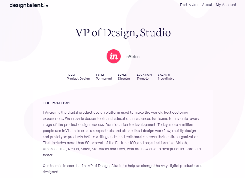 DesignTalentIE's tweet photo. Did you know we also feature #remotework roles? @InVisionApp are hiring for a senior leader to lead design for InVision Studio.

Get the details here https://t.co/ZzPXunHrZx

#design #remotework #designtalent #Ireland  #jobfairy https://t.co/s4fS3g06jA
