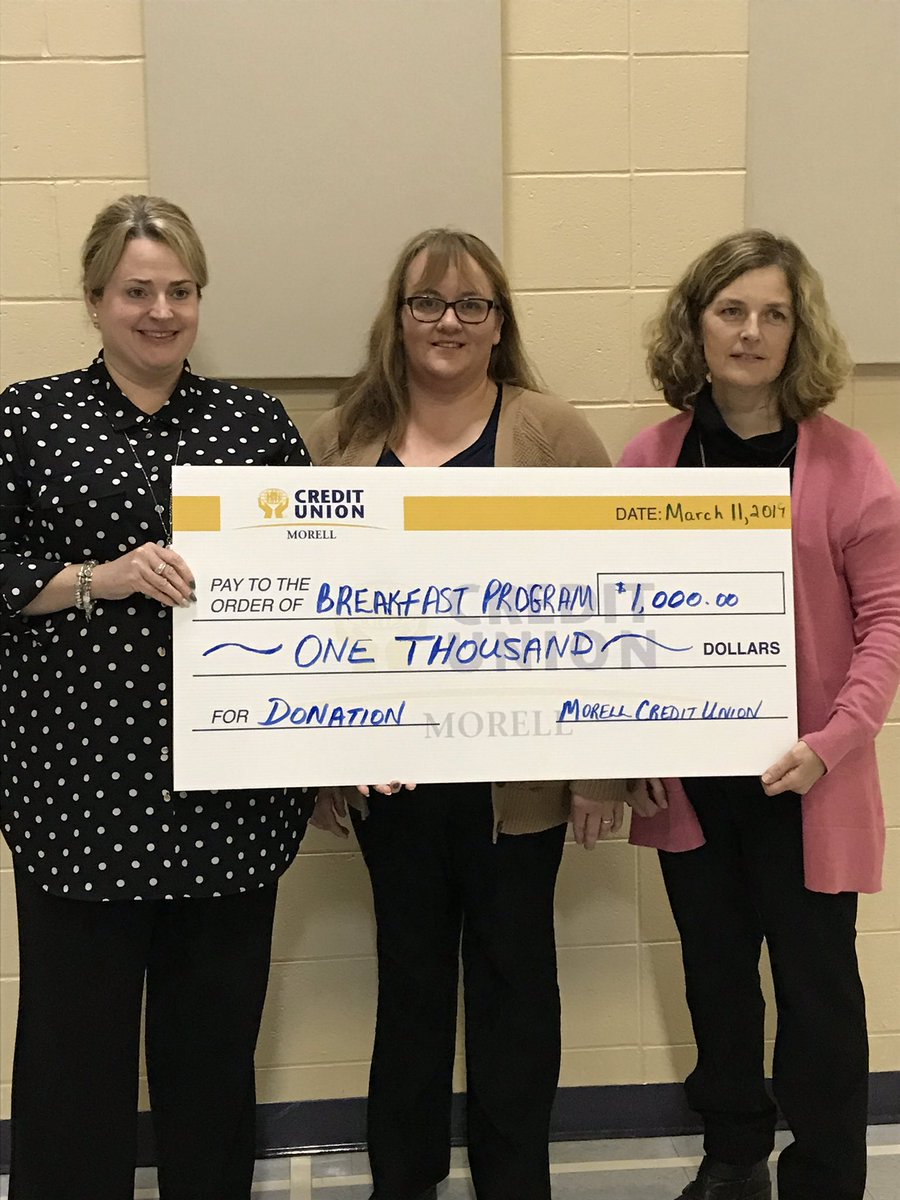 Morell Credit Union gives $1000. donation to Mt. Stewart Consolidated breakfast program as well as Morell Consolidated and Morell High. Thank you for your generosity to the community! #caringforchildren @SDClark24 @PSBPEI