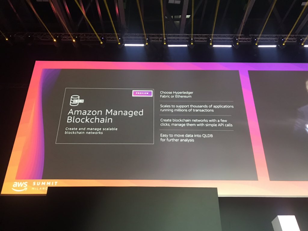 MitiDellaMura's tweet photo. Non può mancare un riferimento a #Blockchain ad #AWSSummit. @marcoargenti ne sottolinea l’importanza e parla di Amazon QLDB una applicazione #ledger dedicata e di #AmazonManagedBlockchain ovvero un servizio gestito anche per la Blockchain https://t.co/fxjMkJ8urs