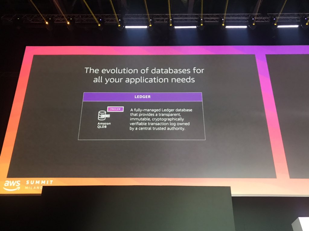 MitiDellaMura's tweet photo. Non può mancare un riferimento a #Blockchain ad #AWSSummit. @marcoargenti ne sottolinea l’importanza e parla di Amazon QLDB una applicazione #ledger dedicata e di #AmazonManagedBlockchain ovvero un servizio gestito anche per la Blockchain https://t.co/fxjMkJ8urs