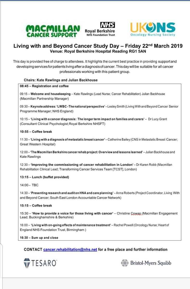 m_worm's tweet photo. National 'Living With and Beyond Cancer" study day aimed at health care professionals. It is completely free and happens here in Reading on 22nd March.@UKONSmember @CancerLead @RBNHSFT @kateerawlings @macmillancancer @LesleyLesleys #livingwithandbeyondcancer https://t.co/PRVc32dHD8