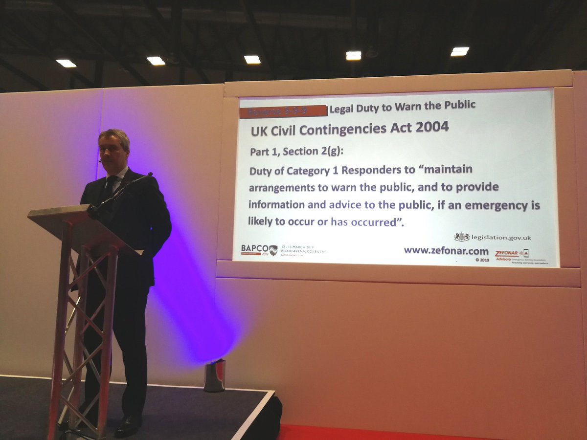 PeterClemons11's tweet photo. 15 years on from UK Civil Contingencies Act, where is #UnitedKingdom now regarding warning the public about major incidents? Michael Hallowes is speaking now at @BAPCOEvent about the urgent need for UKGov to move forward with #Reverse999 https://t.co/7B2D3mXRR1