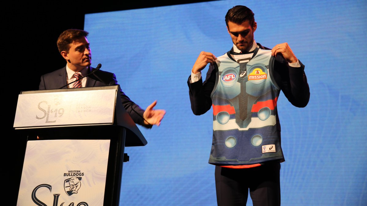 westernbulldogs's tweet photo. In the second big announcement for the event..
We'll hero-ing up in Round 1 with a special @MarvelAUNZ Thor-inspired Guernsey!
#MightyWest https://t.co/3TkQZ5Ebey