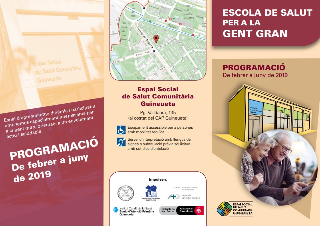 primariaicscat's tweet photo. De febrer a juny de 2019, l'Espai Social de Salut Comunitària del #CAPGuineueta acull les sessions, xerrades, tallers i activitats de l'#EscolaDeSalut per a Tothom i l'#EscolaDeSalut per a #GentGran. Consulta el programa i inscriu-t'hi:
https://t.co/hrTHkgR4qO https://t.co/wyvtt5ZYDp