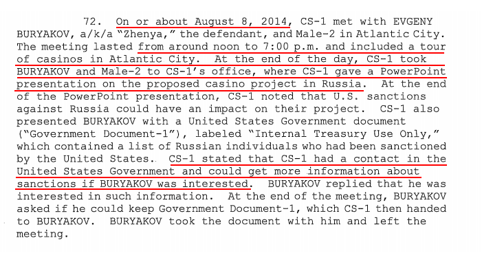 160) One more thing they left out of BOTH versions... at the end of that all day tour of Atlantic City Casinos, Felix Sater told Buryakov that he “had contacts in the United States Government and could get more information (classified) about sanctions”. It was on August 8, 2014.