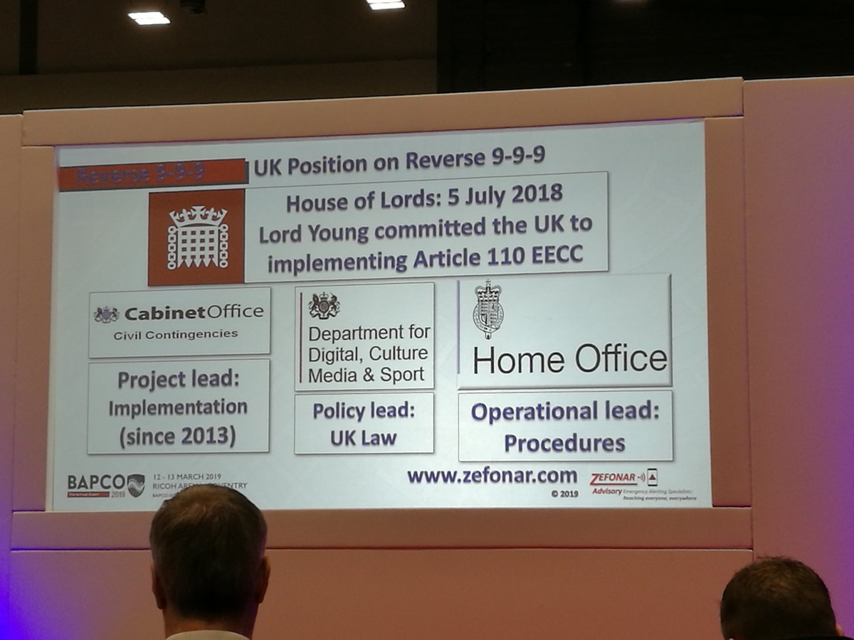 JeromeEENA's tweet photo. At #BAPCO2019 today!
How could public warning be deployed in the UK? The House of Lords has committed the UK to implementing EU legislation related to #reverse112, even in case of Brexit.
#PublicSafety first! #reverse999 @112_sos https://t.co/S8jRVaUzfk