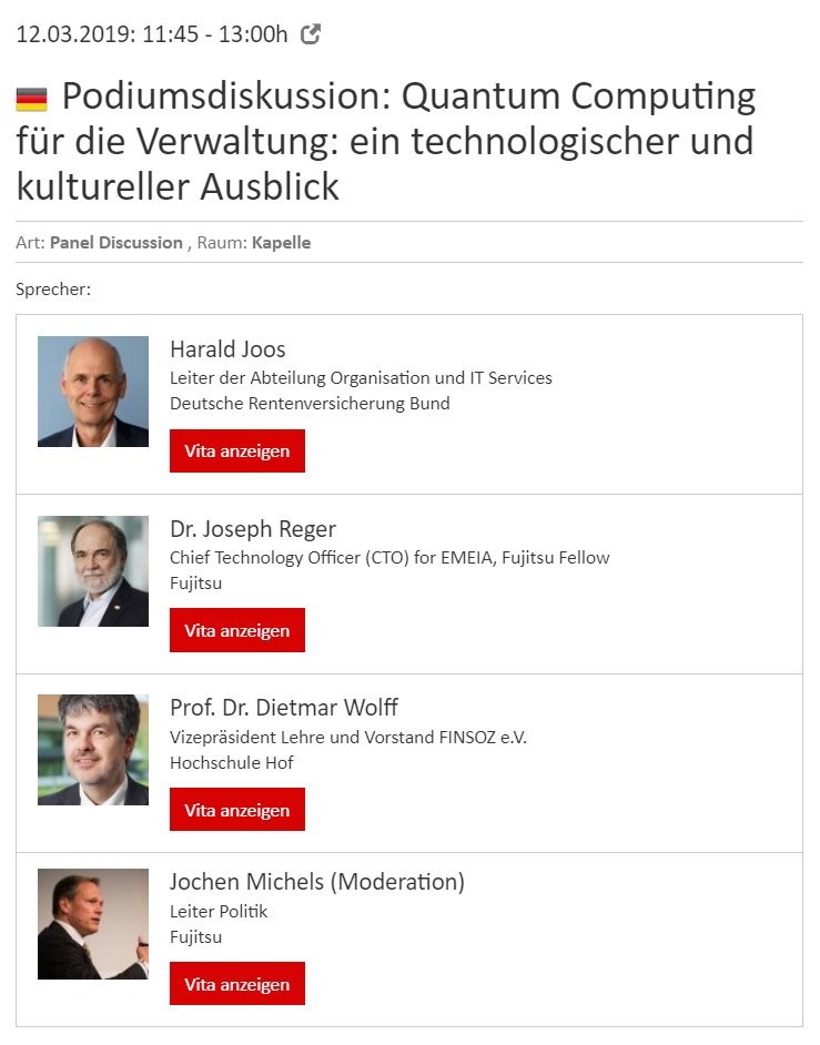 Quantum Computing für die Verwaltung: ein technologischer und kultureller Ausblick zusammen mit den Experten Harald Joos, Dr. Joseph Reger und Prof. Dietmar Wolff steht als nächstes auf der Agenda bei der #JKDigVerw in #Berlin.
