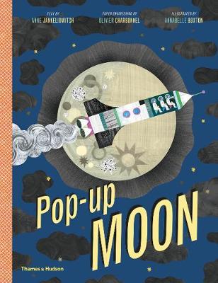 Cover of pop-up moon.<br />
all drawn/painted imagery<br />
Dark blue background with dark grey clouds scattered about. In the middle is a big cream moon with a rocket flying across the middle of it (diagonally upwards from left to right). The ricket is mainly white with green horizontal stripes, and there's a cutaway of 3 astronauts in the top end near the nose cone (I'm hoping a real-life rocket wouldn't have a cutaway!)