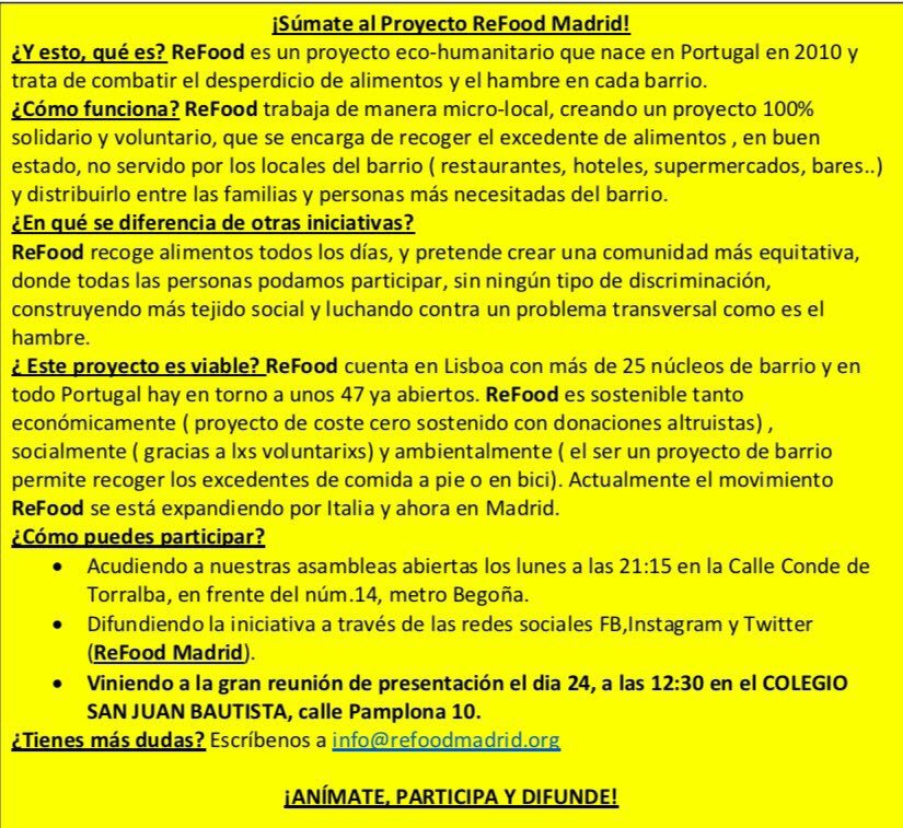RefoodMad's tweet photo. ¿Nos ayudas a combatir el desperdicio de alimentos y hambre? VEN A CONOCERNOS el 24 de marzo, 12:30 en el colegio San Bautista https://t.co/gaiY0yCyou