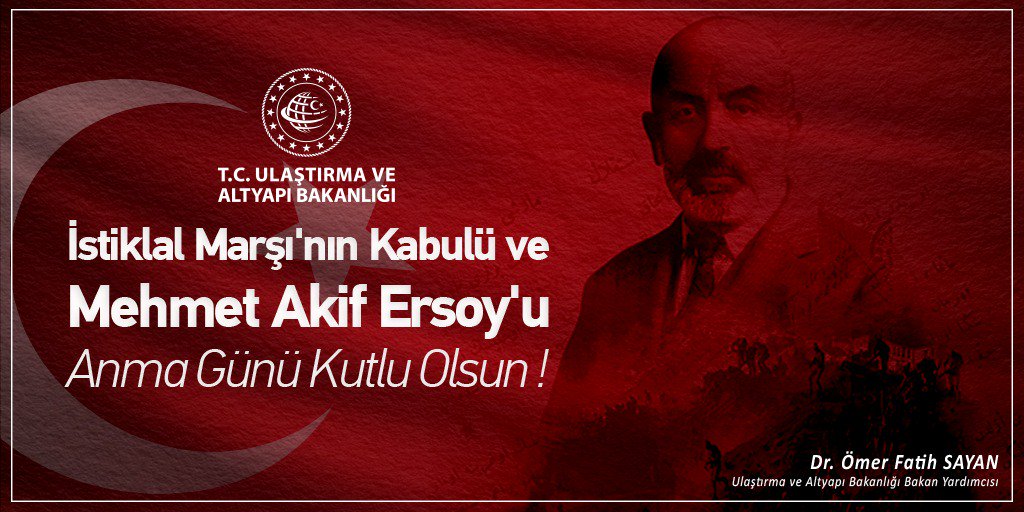 Bugün, İstiklal Marşı'mızın Türkiye Büyük Millet Meclisi'nde kabulünün 98. yıl dönümü.

Korkma! diyen #MehmetAkifErsoy,  bu dizelerle bize asla eskimeyecek bir öğüt bıraktı.

Rahmet ve hürmetle anıyorum. 

Allah, bu millete bir daha İstiklal Marşı yazdırmasın.