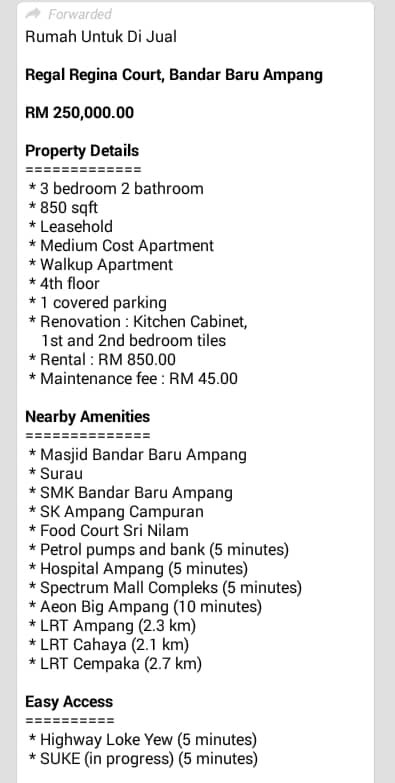 RajaEffandy's tweet photo. #Houseforsales #Ampang @NajibRazak @LisaSurihani Regal Regina Court, Bandar Baru Ampang.

Harga RM250, 000 

-Lease Hold 
-3 Bedroom 2 Bathroom
-Medium cost Apartment
-4th Floor

Whatsapp +601120890455 https://t.co/FvVSXsvibn
