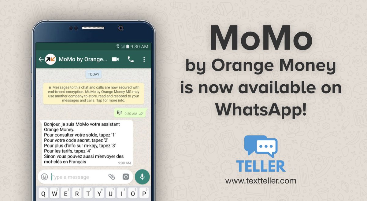 teller_nyc's tweet photo. Big announcement –– MoMo, the @orange_mg chatbot, is now available on WhatsApp! It is now easier than ever to learn how to open an account, check your balance, look up fees, and much more. Try it out by sending a message to: +261324320203 #mobilemoney #chatbots #whatsapp https://t.co/OGNLdNZ8Bx