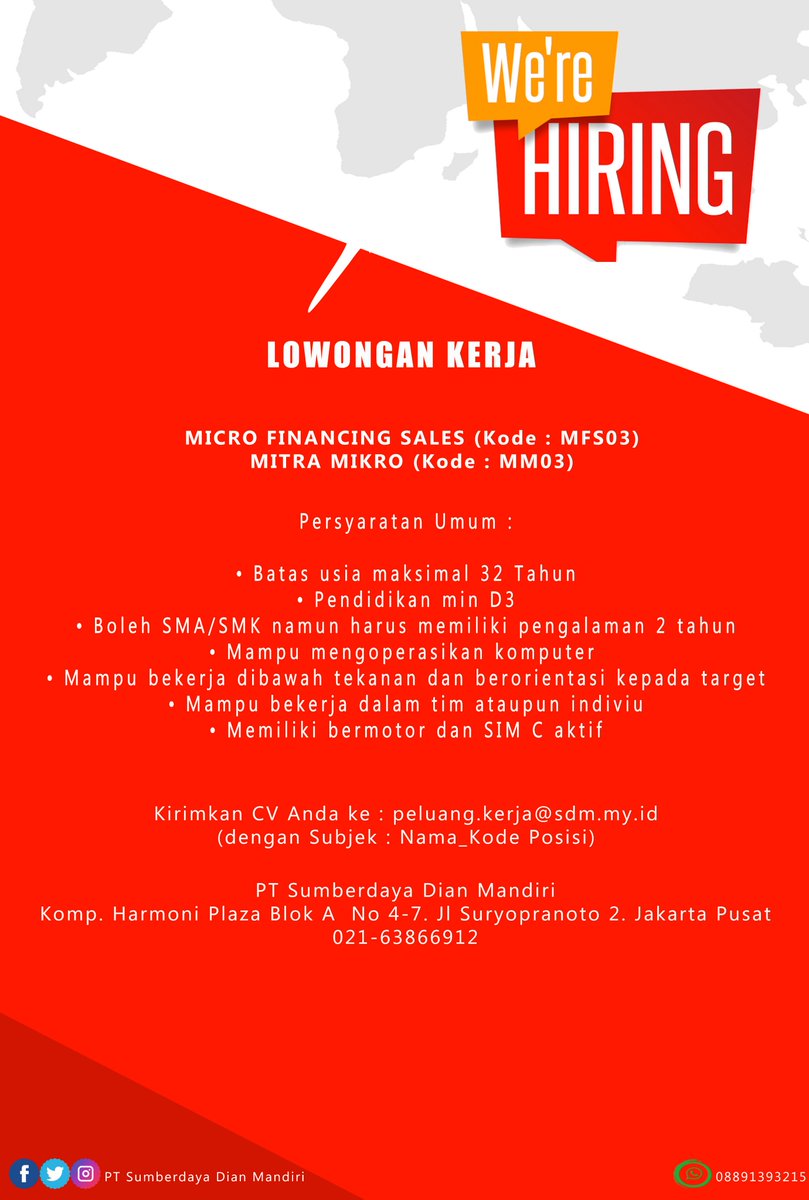 SDM_Loker's tweet photo. #InfoLoker PT SDM Membuka Lowongan Kerja sebagai Mitra Mikro dan Mikro Financing Sales Penempatan Jakarta Bekasi #Lokerbekasi #lokermarketing #Lokersales #lokerBank #LokerJakarta #Lowongankerja #Jakartautara #Loker https://t.co/MmGz7FUeE2