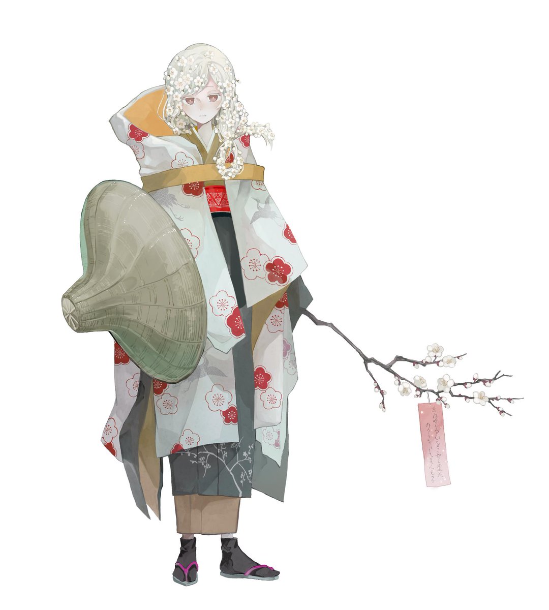 1girl solo white background branch simple background full body kimono  illustration images