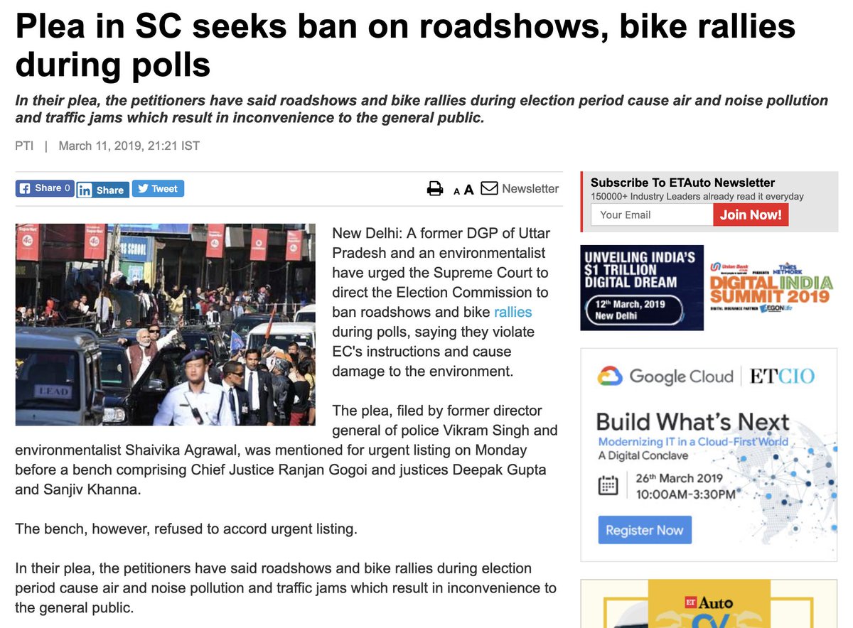 #GeneralElections2019 rule makers must follow #RuleofLaw. Ex DGP Vikram Singh relying on @viraggupta book 'Election on the Roads'  filed #petition  #SupremeCourt seeking ban on #Roadshow #BikeRally. After #socialmedia, a new initiative of #CASC for #ElectionReforms. #environment