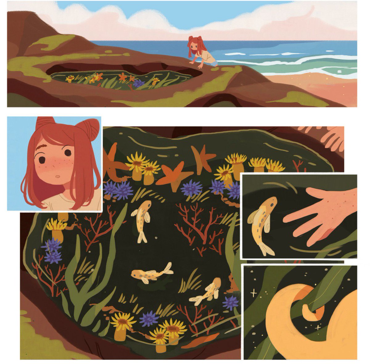 『Aquicorn Cove』、シンプルながら美しい色合いで形作られた海の生き物たちの描写も素晴らしくてずっと眺めていたいし、電子で読んだけど紙でも欲しくなっちゃうな。百合も生き物描写もハイレベルなKatie O'Neill氏、尊…