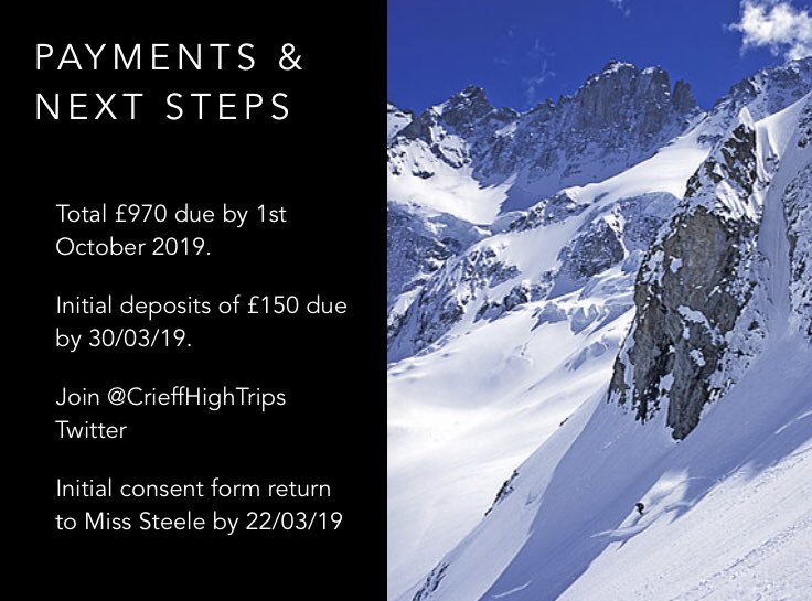 CrieffHighTrips's tweet photo. 🎿 Ski Trip meeting - Key points and dates. Thank you to everyone who made last nights meeting. Please complete and return consents by 22nd. If anyone else experiences ParentPay issues please contact the school so we can rectify problems ⛷ @CrieffHigh https://t.co/asPOC7u9r9