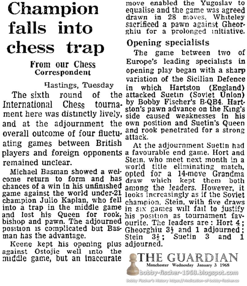 1968_bobby's tweet photo. The Guardian London, Greater London, England Wednesday, January 03, 1968

Champion Falls Into Chess Trap
Hastings, Tuesday
The sixth round of the International Chess tournament here was distinctly...

https://t.co/A2TXuiyR6G

https://t.co/n7kEoQLtlX

https://t.co/gLx2ggzje1 https://t.co/b5YvckVqqb