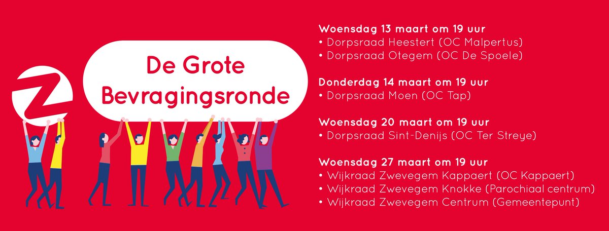 GemZwevegem's tweet photo. Deze week vinden de eerste dorpsraden plaats in teken van de Grote Bevragingsronde. Op 13/03 is er een dorpsraad in Heestert (OC Malpertus) en in Otegem (OC De Spoele). Op 14/03 is er een dorpsraad in Moen (OC Tap). Alle dorpsraden starten om 19 uur. https://t.co/y5hilKG8Dr https://t.co/NF47TbPSo7