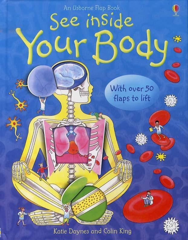 Bright Blue cover. In the middle is a human, laid out like a skelton with an outline, with flaps revealing the lungs, and lower leg.<br />
Around the body are blobs of red, holding little tiny scientists. Cartoon drawings<br />
The title is at the top in yellow fun writing.