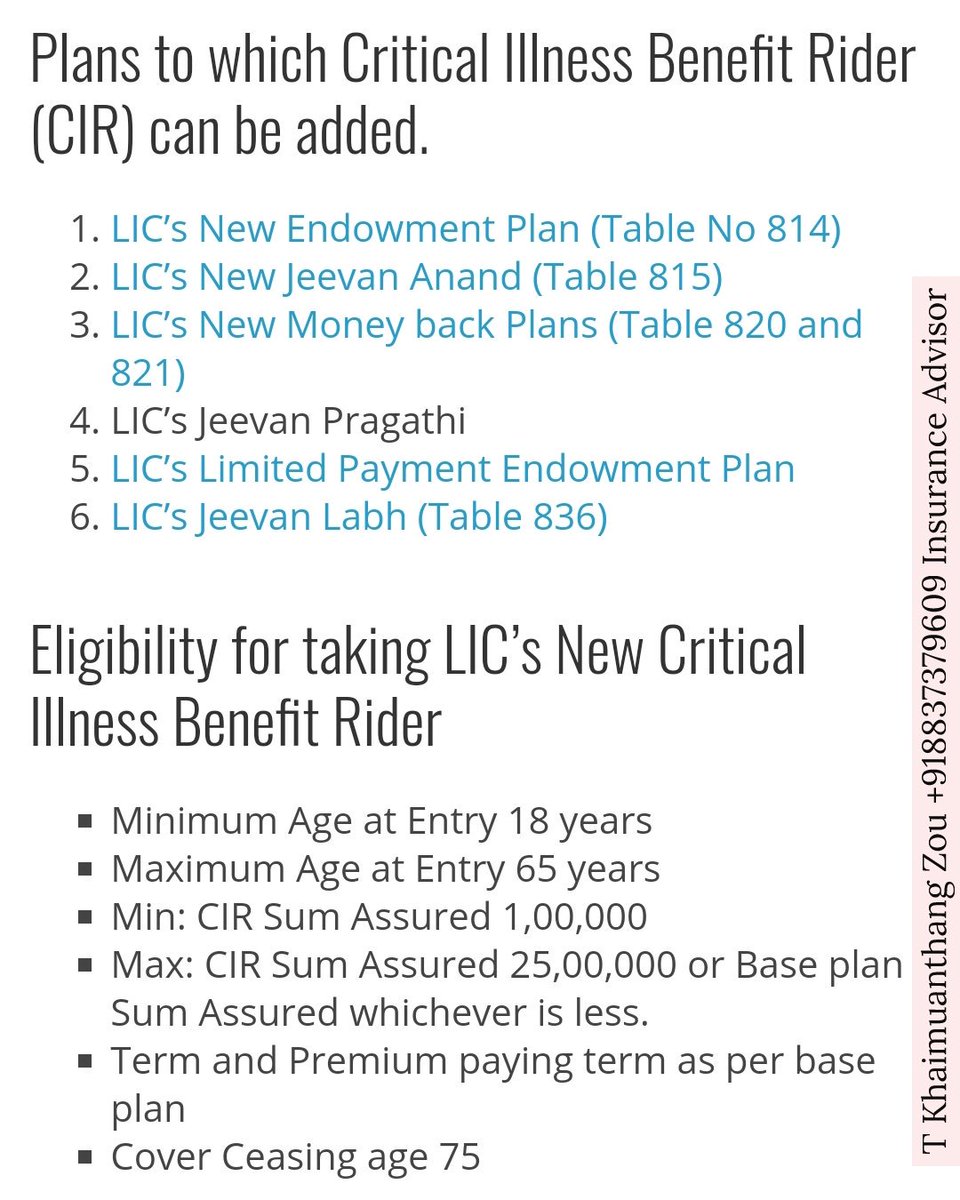 MuanthangT's tweet image. LIC's New Critical Illness Benefit rider.
#LifeInsurance #insurancerider #criticalillness #lic #churachandpur