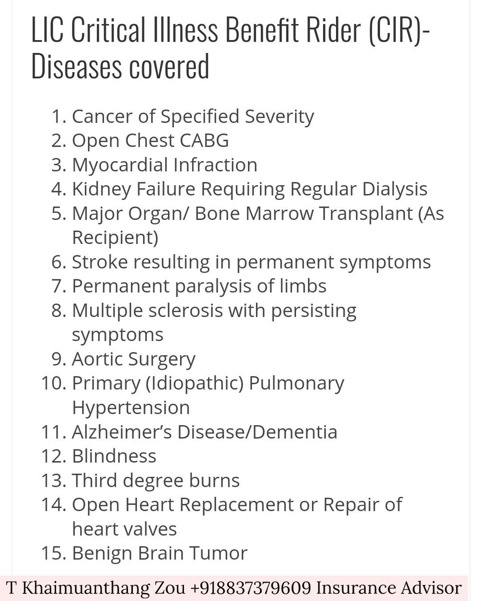 MuanthangT's tweet image. LIC's New Critical Illness Benefit rider.
#LifeInsurance #insurancerider #criticalillness #lic #churachandpur