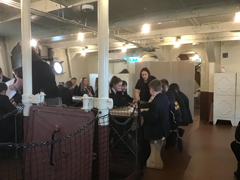 bangorSESP's tweet photo. A huge thank you to all the staff at @HMSCaroline for a fun filled day of activities. Pupils enjoyed exploring the historic spaces on board and learning about the men that served on HMS Caroline and at the Battle of Jutland during WW1. #sharededucation  #nischools https://t.co/SMElXUuywS
