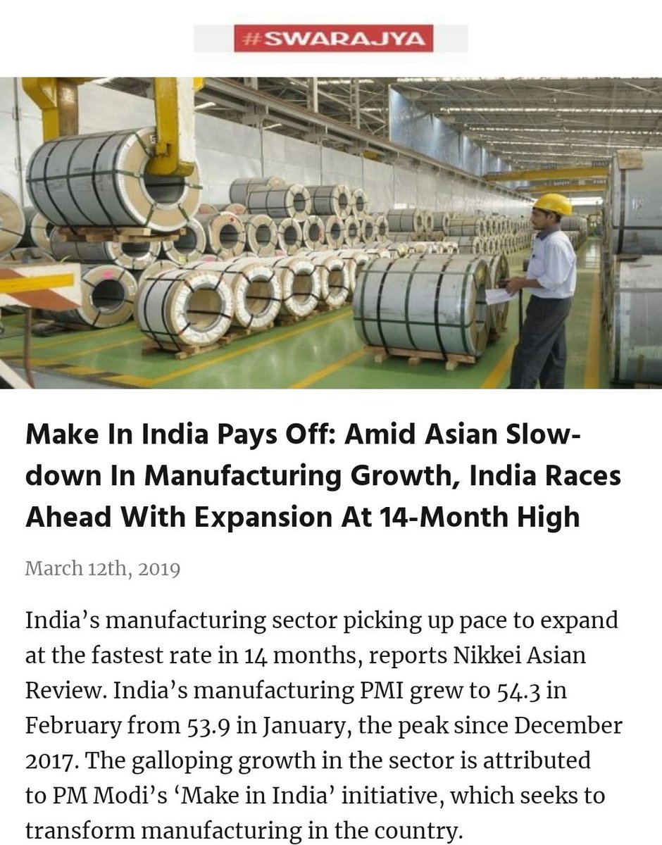 RajivKumar1's tweet photo. #MakeInIndia Pays Off: Amid Asian Slowdown In #Manufacturing Growth, India Races Ahead With Expansion At 14-Month High
#PMI #IndianEcomomy @SwarajyaMag
https://t.co/jIkFAvt2fK via NaMo App https://t.co/V7fVCf4pp2