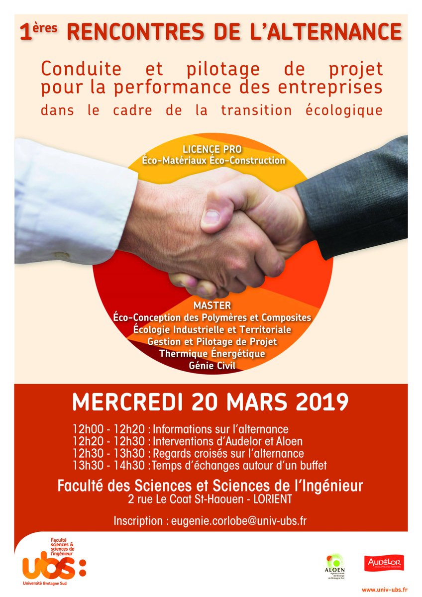 🗓️Dernière semaine pour s'inscrire aux 1ères rencontres de l'#alternance de la faculté des sciences de #Lorient <a href="/UBS_universite/">UBS_universite</a>. <a href="/AUDELOR/">AudéLor</a> et <a href="/ALOEN_Lorient/">ALOEN</a> viendront présenter leurs actions pour accompagner les entreprises dans la transition écologique. www-actus.univ-ubs.fr/fr/index/actua…