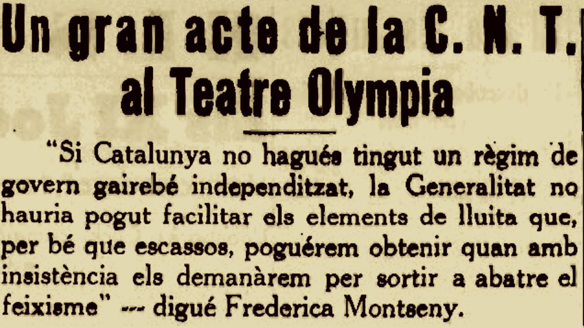 Juliol-Agost 1936. L'actuació de la Generalitat davant la sublevació feixista.
9 d'agost 1936. Míting de la CNT al Teatre Olympia, Barcelona. Discurs de Frederica Montseny sobre el paper de la Generalitat.
Foto: "La Publicitat" 11/08/1936
#CatalunyaAntifeixista
#FredericaMontseny