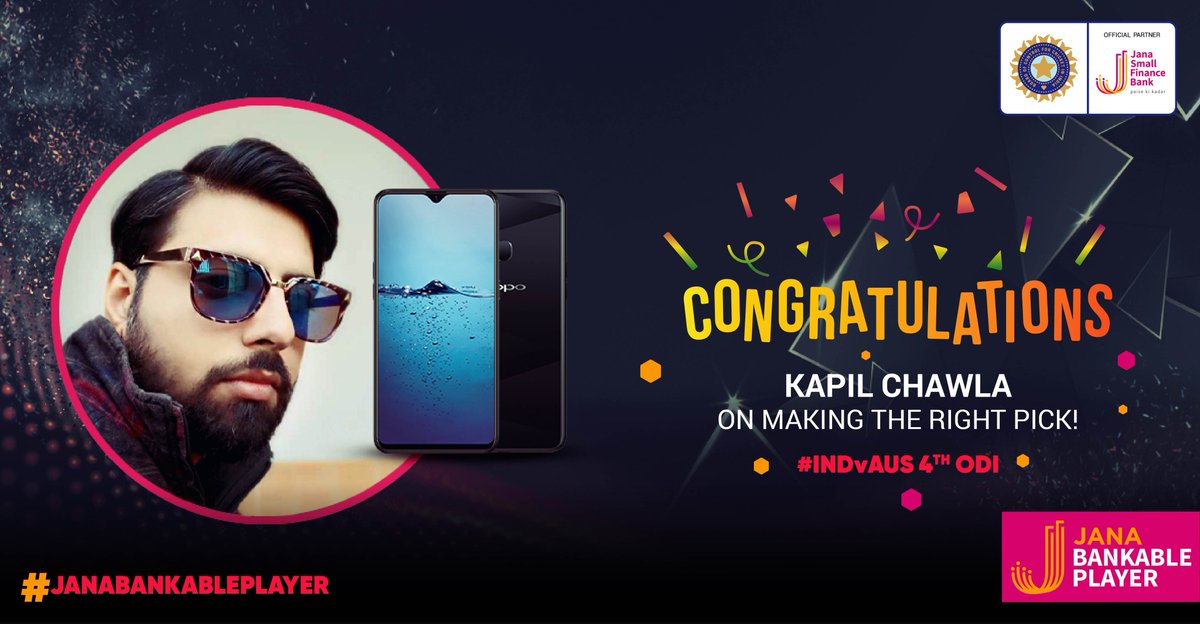 janabankable's tweet photo. Congratulations, @kapilchawla7_ on winning yourself a brand new smartphone for rightly voting for @phandscomb54 as the #JanaBankablePlayer in the 4th #INDvAUS #ODI. Don’t forget to vote during the upcoming final match to win! https://t.co/eXzps3mlUM