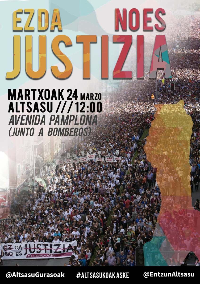 ¡ESTO NO ES JUSTICIA!
#AltsasukoakASKE #Altsasu
EZ DA JUSTIZIA!!
🗓 Martxoak 24 Marzo
⏲ 12:00
🔘 ALTSASU (Avenida Pamplona)
DENOK ALTSASURA!! #Nafarroa