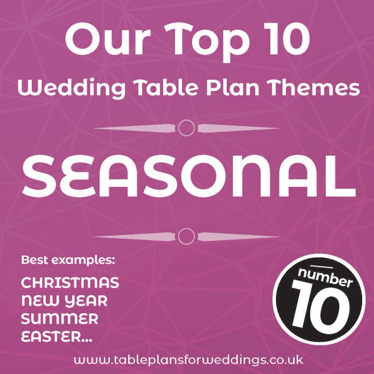 At 10 - Seasonal themes. Christmas &amp; New Year designs are popular at that time of year, but we also get asked for plenty of Summer &amp; Autumn designs too, from Festivals to Spring flowers or autumnal colours.
.
.#design #parties #invitations #weddings #weddingtableplan #seatingplan